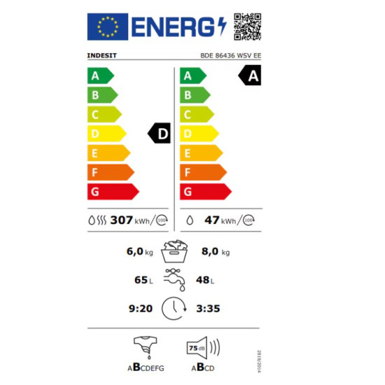 Indesit BDE 86436 WSV EE mosó-szárítógép, 8/6 kg, inverter motor, gőz, 59.5x54x85 cm 
