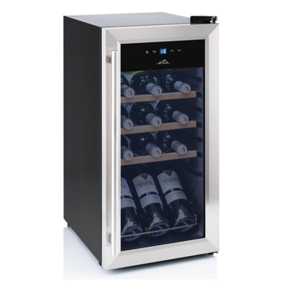 Eta 952890010GN kompresszoros borhűtő, 15 palackos kapacitás, állítható hőmérséklet-tartomány: 5-18 °C, fekete színű rozsdamentes acél ezüst kerettel, 44L, 34.5x45x69.3 cm