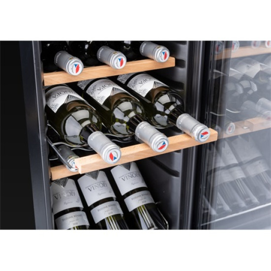 Eta 952890010GN kompresszoros borhűtő, 15 palackos kapacitás, állítható hőmérséklet-tartomány: 5-18 °C, fekete színű rozsdamentes acél ezüst kerettel, 44L, 34.5x45x69.3 cm