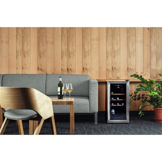 Eta 952890010GN kompresszoros borhűtő, 15 palackos kapacitás, állítható hőmérséklet-tartomány: 5-18 °C, fekete színű rozsdamentes acél ezüst kerettel, 44L, 34.5x45x69.3 cm