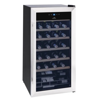 Eta 952990010GN kompresszoros borhűtő, 28 palackos kapacitás, állítható hőmérséklet-tartomány: 5-18 °C, fekete színű rozsdamentes acél ezüst kerettel, 77L, 43x45x84 cm