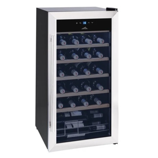 Eta 952990010GN kompresszoros borhűtő, 28 palackos kapacitás, állítható hőmérséklet-tartomány: 5-18 °C, fekete színű rozsdamentes acél ezüst kerettel, 77L, 43x45x84 cm