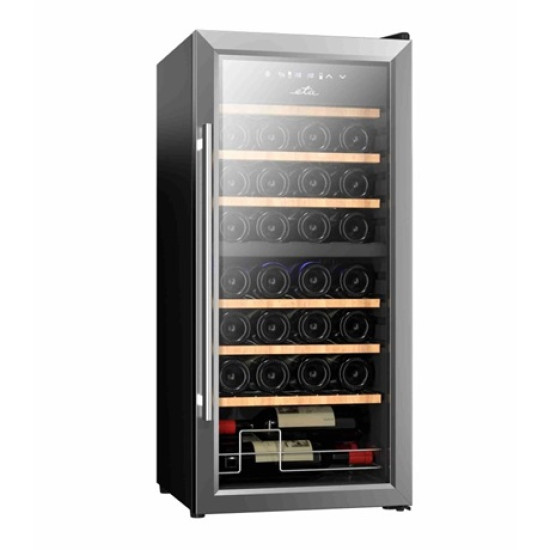 Eta 953590010GN kompresszoros borhűtő, 32 palackos kapacitás, 2 zóna, zónánként állítható hőmérséklet tartomány:5-18 °C, fekete színű rozsdamentes acél ezüst kerettel,86L, 53.5x46.5x88 cm 