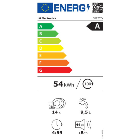 LG DB273TX teljesen beépíthető mosogatógép, 14 teríték, inverter motor, 3 kosár, automatikus ajtónyitás, 59.8x55.4x81.5 cm