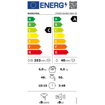 Whirlpool FFWDB964489SBSVEE mosó-szárítógép, 9/6 kg, gőz, inverter motor, 59.5x54x85 cm, ezüst szín
