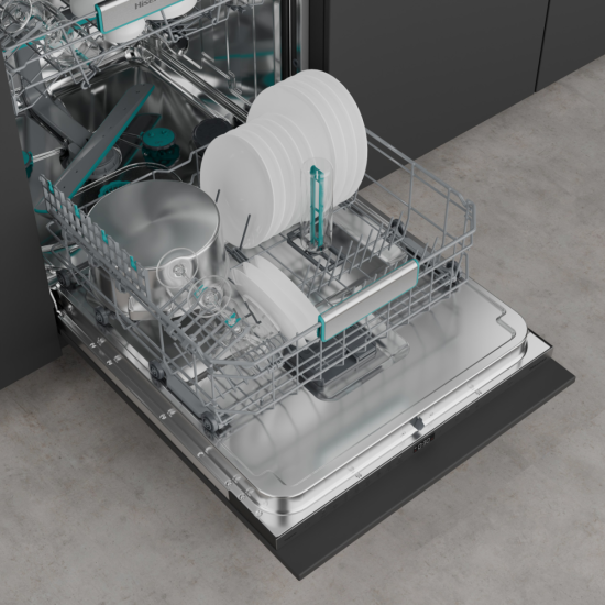 Hisense HV673A65 teljesen beépíthető mosogatógép, 16 teríték, Wifi, inverter motor, 3 kosár, automatikus ajtónyitás, 59.8x55.5x81.6 cm 