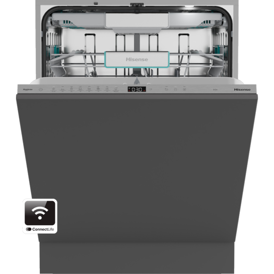 Hisense HV673A65 teljesen beépíthető mosogatógép, 16 teríték, Wifi, inverter motor, 3 kosár, automatikus ajtónyitás, 59.8x55.5x81.6 cm 