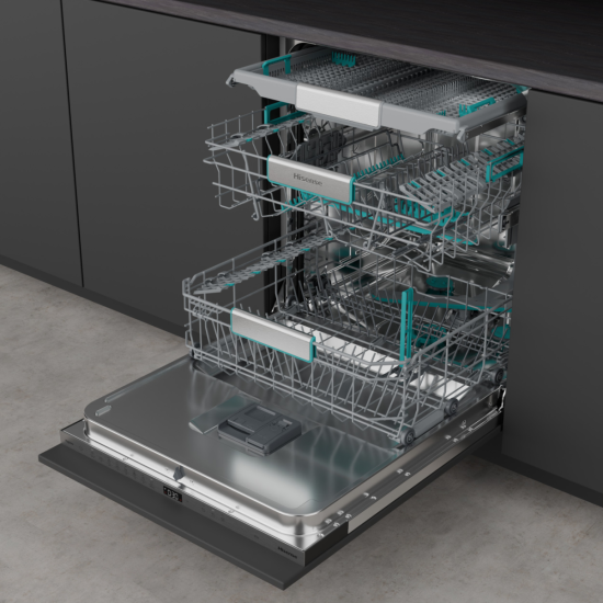 Hisense HV673A65 teljesen beépíthető mosogatógép, 16 teríték, Wifi, inverter motor, 3 kosár, automatikus ajtónyitás, 59.8x55.5x81.6 cm 