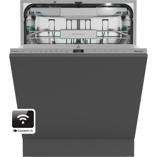 Hisense HV693A66UVAD teljesen beépíthető mosogatógép, 16 teríték, Wifi, inverter motor, 3 kosár, automatikus ajtónyitás, 59.8x55.5x81.6 cm 