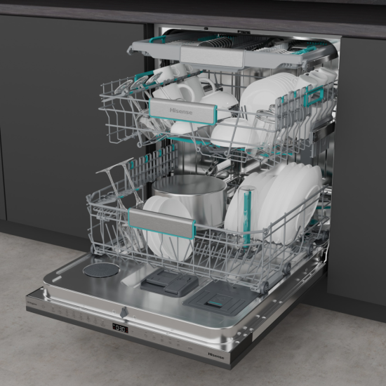 Hisense HV693A66UVAD teljesen beépíthető mosogatógép, 16 teríték, Wifi, inverter motor, 3 kosár, automatikus ajtónyitás, 59.8x55.5x81.6 cm 