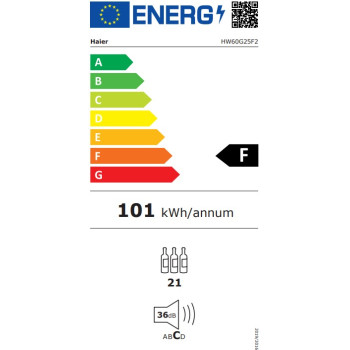 Haier HW60G25F2 beépíthető borhűtő, 21 palack, Wifi, 59.5x55.9x58.6 cm, fekete szín