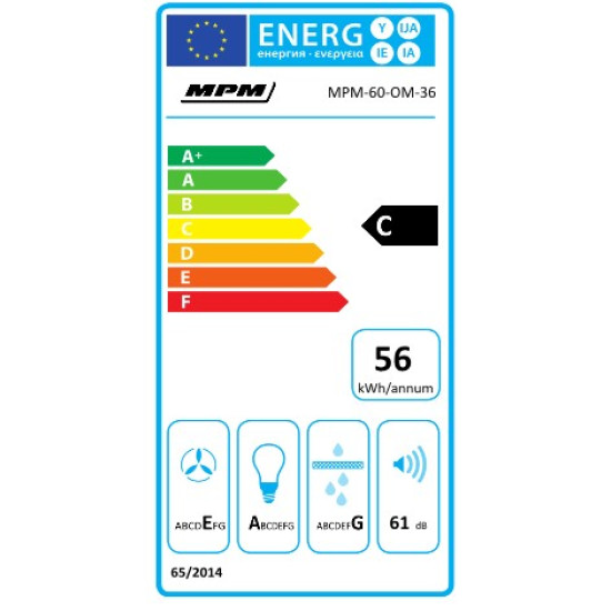 MPM MPM-60-OM-36 beépíthető falra szerelhető döntött kürtös konyhai elszívó, 