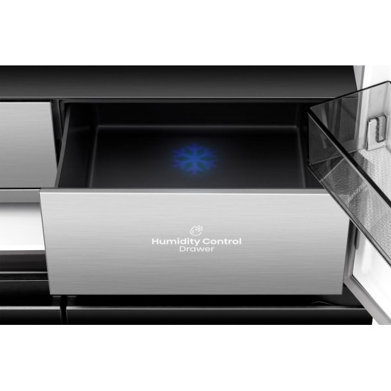 Hisense RQ768N4GBE Total No Frost side by side hűtőszekrény francia ajtós kialakítással, inverteres kompresszor, 381/210L, 91.1x60x190 cm, fekete szín 