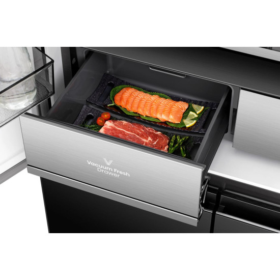 Hisense RQ768N4GBE Total No Frost side by side hűtőszekrény francia ajtós kialakítással, inverteres kompresszor, 381/210L, 91.1x60x190 cm, fekete szín 