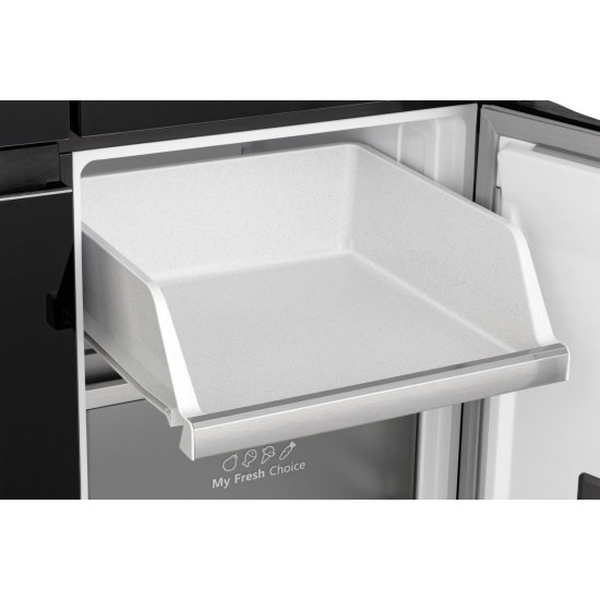 Hisense RQ768N4GBE Total No Frost side by side hűtőszekrény francia ajtós kialakítással, inverteres kompresszor, 381/210L, 91.1x60x190 cm, fekete szín 