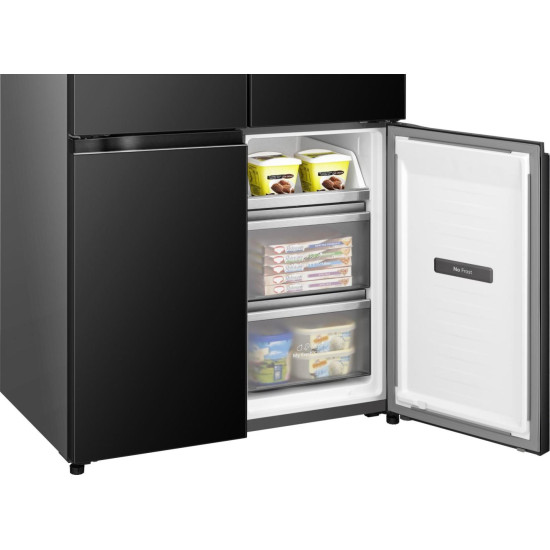 Hisense RQ768N4GBE Total No Frost side by side hűtőszekrény francia ajtós kialakítással, inverteres kompresszor, 381/210L, 91.1x60x190 cm, fekete szín 