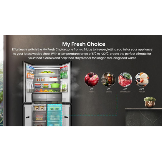 Hisense RQ768N4GBE Total No Frost side by side hűtőszekrény francia ajtós kialakítással, inverteres kompresszor, 381/210L, 91.1x60x190 cm, fekete szín 