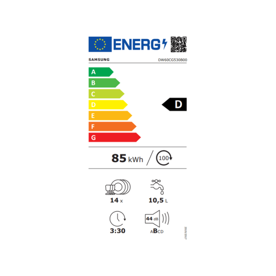 Samsung DW60CG530B00ET beépíthető mosogatógép, 14 teríték, 3 kosár, automatikus ajtónyitás, 59.8x55x81.5 cm