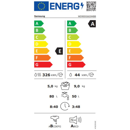 Samsung WD90DG6G94BBU4 mosó-szárítógép, 9/5 kg, inverter motor, gőz, Wifi, 60x56x85 cm, fekete szín