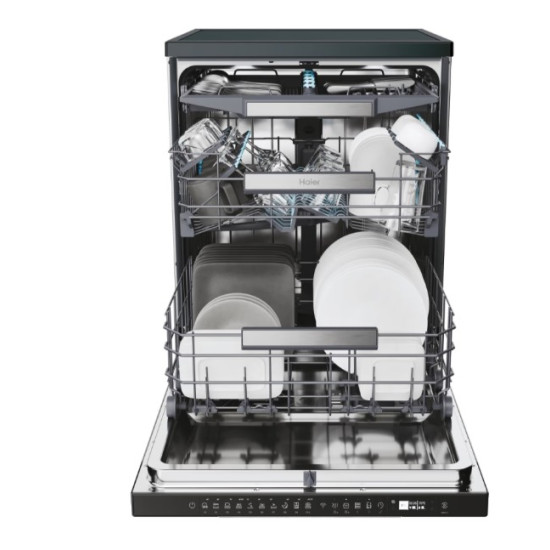 Haier XF 4A4M4PB mosogatógép, 14 teríték, inverter motor, 3 kosár, Wifi, automatikus ajtónyitás, 59.7x59.8x85 cm, fekete szín