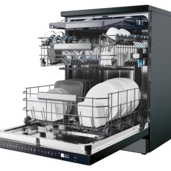 Haier XF 4A4M4PB mosogatógép, 14 teríték, inverter motor, 3 kosár, Wifi, automatikus ajtónyitás, 59.7x59.8x85 cm, fekete szín