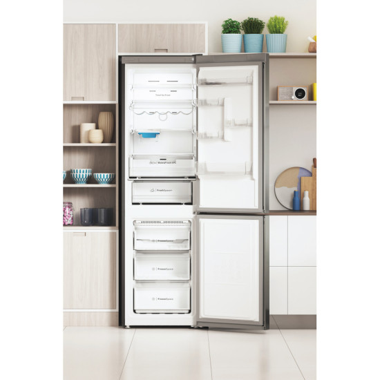 Indesit INFC9 TO32X Total No Frost alulfagyasztós kombinált hűtőszekrény, 263/104L, 59.6x67.8x202.7 cm, inox szín 