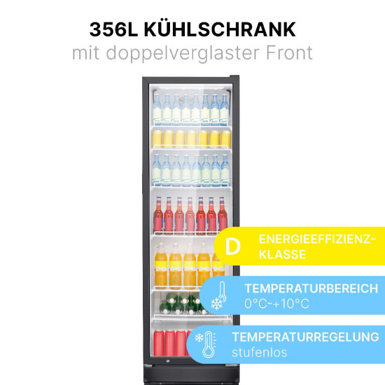 Bomann KSG 7351 üvegajtós italhűtő, 356L, 59.5x57x194.5 cm, fekete szín