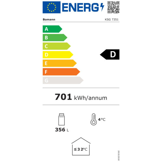 Bomann KSG 7351 üvegajtós italhűtő, 356L, 59.5x57x194.5 cm, fekete szín