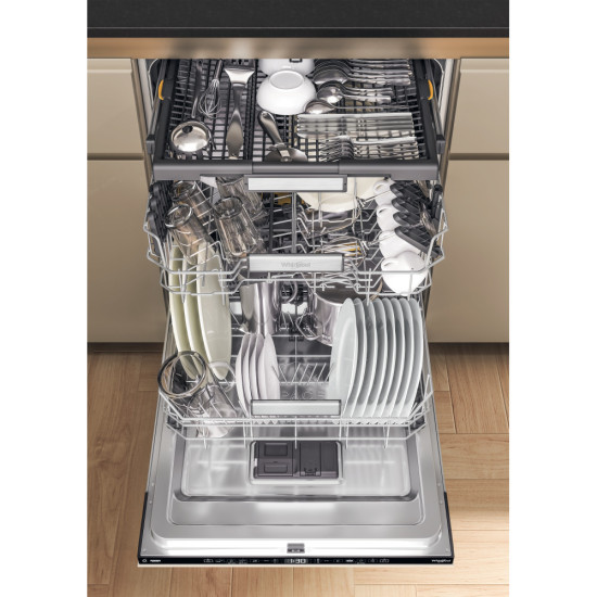 Whirlpool W7I HT58 T teljesen beépíthető mosogatógép, 3 kosár, automatikus ajtónyitás, 15 teríték, 59.8x55.5x82 cm