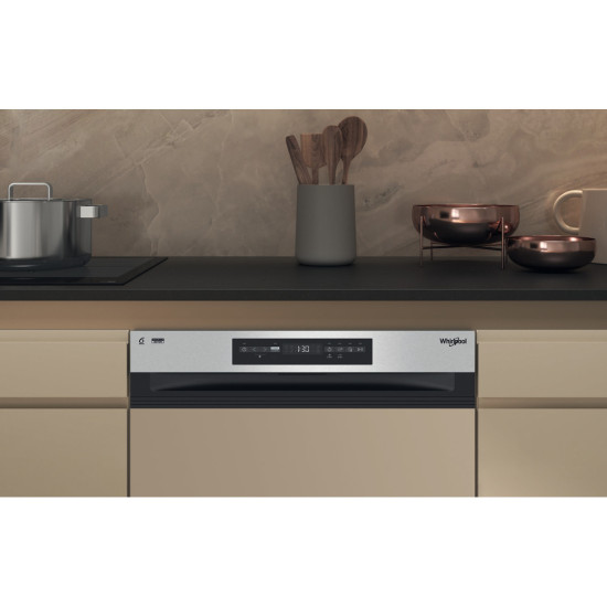 Whirlpool WH7PA15AM60 beépíthető kezelőpaneles mosogatógép, 15 teríték, automatikus ajtónyitás, 59.8x55.5x82 cm, inox szín 