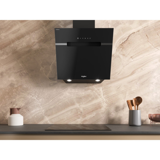Whirlpool WHVS 61F LT DP K beépíthető falra szerelhető döntött kürtös konyhai elszívó, 59.8x37.1x147.5 cm, fekete szín