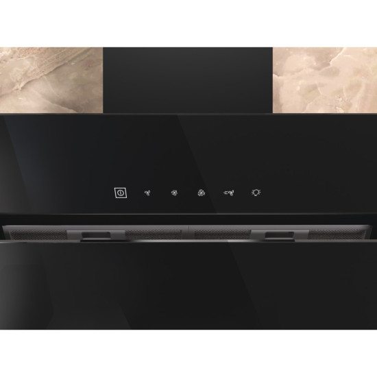 Whirlpool WHVS 91F LT DP K beépíthető falra szerelhető döntött kürtös konyhai elszívó, 89.8x36.8x147.5 cm, fekete szín 