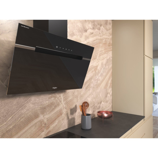 Whirlpool WHVS 91F LT DP K beépíthető falra szerelhető döntött kürtös konyhai elszívó, 89.8x36.8x147.5 cm, fekete szín 