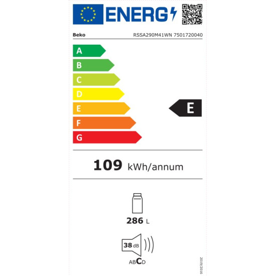 Beko RSSA290M41WN egyajtós hűtőszekrény 150.8x59.5 cm 286L 