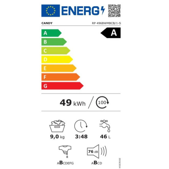 Candy RP 496BWMBCB/1-S Rápidó Pro elöltöltős mosógép 9kg, WiFi, inverter motor,gőzfunkció,53cm mélység,fényes fekete