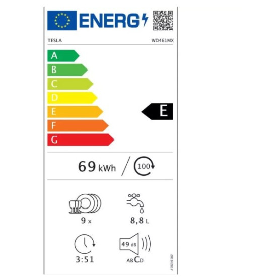 Tesla WD461MX keskeny mosogatógép,9 terítékes,44.8cm széles,inox