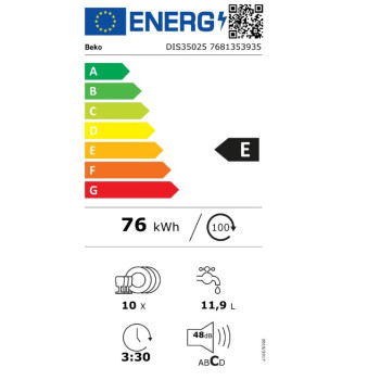 Beko DIS35025 teljesen beépíthető keskeny mosogatógép, 10 terítékes, 44.8x55x81.8 cm