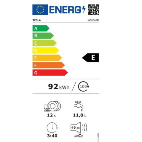Tesla WDI661M beépíthető mosogatógép,12 terítékes,inox,59.8cm széles,bútorlap nélkül