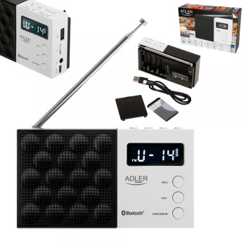 Adler AD1908 hordozható akkus FM rádió, LCD kijelző, Bluetooth 5.0, USB/SD lejátszás, akár 20 FM állomás mentése