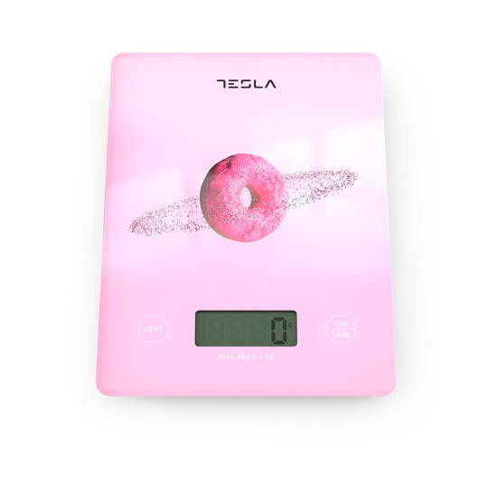 Tesla KS101P digitális konyhai mérleg fánk mintás pink 5kg méréshatárral 