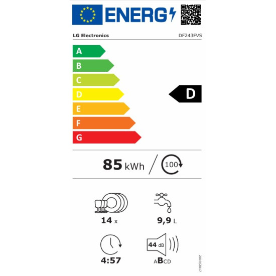 LG DF243FVS mosogatógép,14 teríték, Inverter Direct Drive motor, WIFI, 3 kosár,60x60x85 cm, prime ezüst szín 