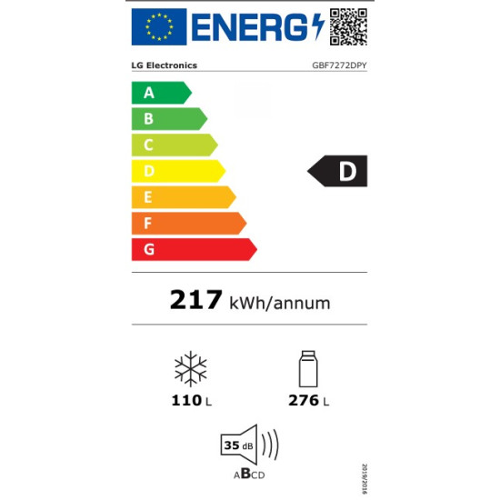 LG GBF7272DPY alulfagyasztós kombinált hűtőszekrény, 276/110L, Smart Inverter Kompresszor, WIFI, 59.5x68.2x203 cm, hamvas matt ezüst szín 