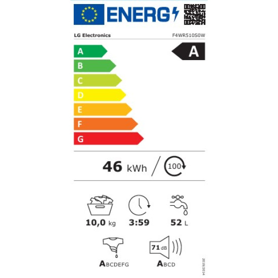 LG F4WR510S0W elöltöltős mosógép, 10kg, TurboWash™, gőz, 1400 fordulat/perc, Inverter DirectDrive motor, A/A/A kategória, 60x56.5x85 cm