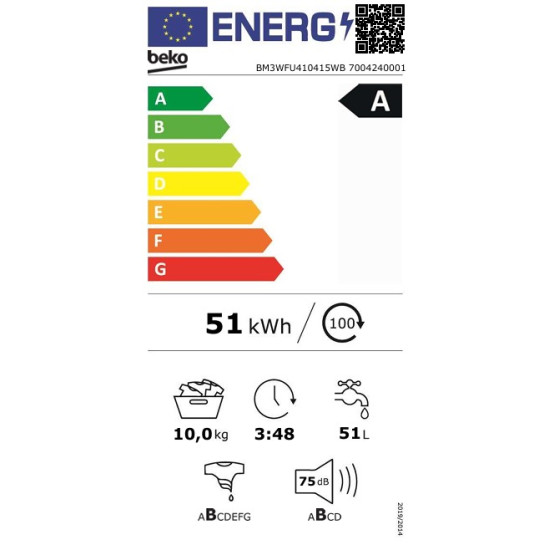 Beko BM3WFU410415WB elöltöltős mosógép, 10 kg, inverter motor, gőz, 60x58x84.5 cm 