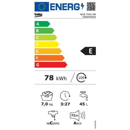 Beko WUE-7522 XW elöltöltős mosógép, 7 kg, 60x49x84 cm 