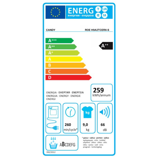 Candy ROE H9A2TCERX-S Rápidó hőszivattyús szárítógép 9 kg,A++ energiaosztály, Wifi, antracit szín, 59.6x61.1x85 cm