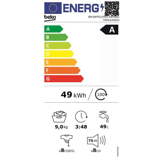 Beko BM3WFSU39413WPBB1 elöltöltős mosógép, 9kg, gőz, inverter motor, 60x54.6x84.5 cm 