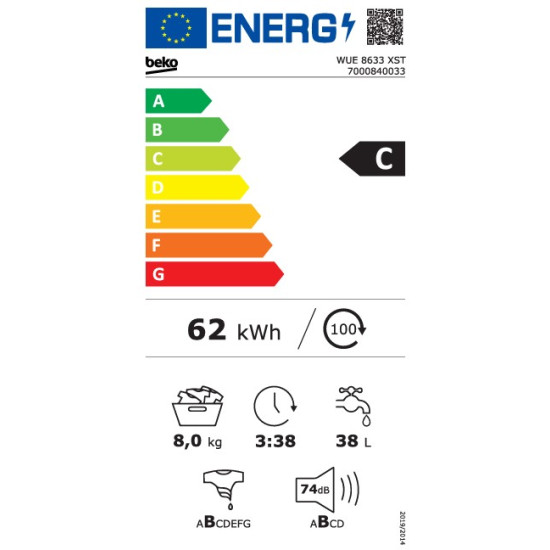 Beko WUE-8633 XST elöltöltős mosógép, 8kg, inverter motor, 60x55x84 cm 