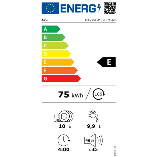 AEG FSE72517P teljesen beépíthető keskeny mosogatógép,10 teríték,44.6x55x81.8cm