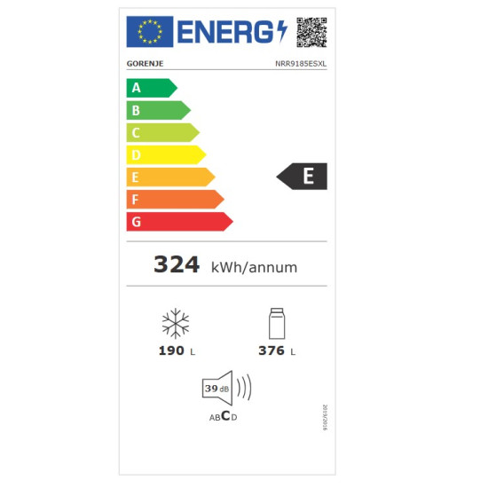 Gorenje NRR9185ESXL No Frost Plus side by side hűtőszekrény,376/190L,inverter kompresszor,91.5x69.8x178.6cm,texturált szürke metál szín 